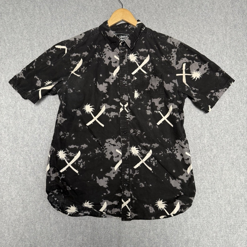 Us Versus Them Shirt Button Up Men's Large Black Splatter Sword Shirt Retro